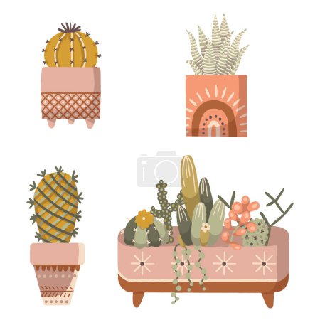 Illustration for Boho Ceramic Cactus Pots Vector Isolated Elements Set - Royalty Free Image