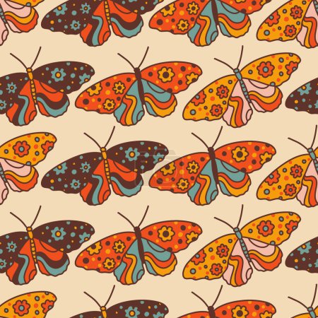 Téléchargez les illustrations : Modèle sans couture vectoriel de papillons groovy rétro - en licence libre de droit