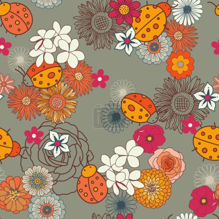 Retro Groovy Florals and Lady Bugs Vector Seamless Pattern