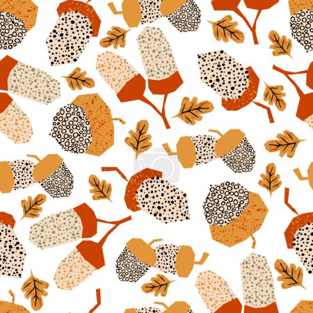 Abstrakte kantige Herbst-Eicheln mit kleinen Eichenblättern Vector Seamless Pattern