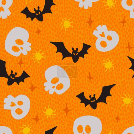 Cráneos y murciélagos naranjas vívidas Halloween Vector patrón sin costuras