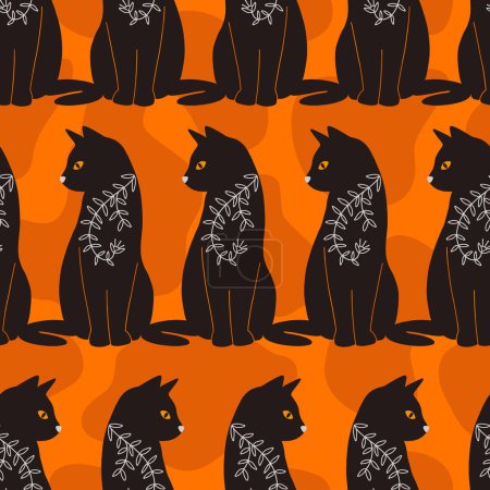 Ilustración de Halloween gato negro sentado Vector patrón sin costura - Imagen libre de derechos