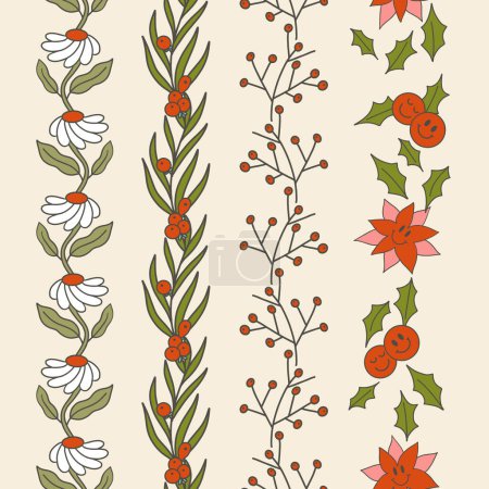 Illustration for Retro Groovy Christmas Holiday Botanicals Vector Seamless vertical Borders Set - Royalty Free Image