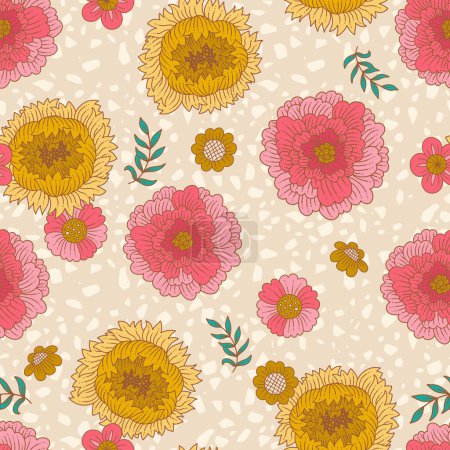 Vintage Pink and Yellow Flowers Vector Seamless Pattern