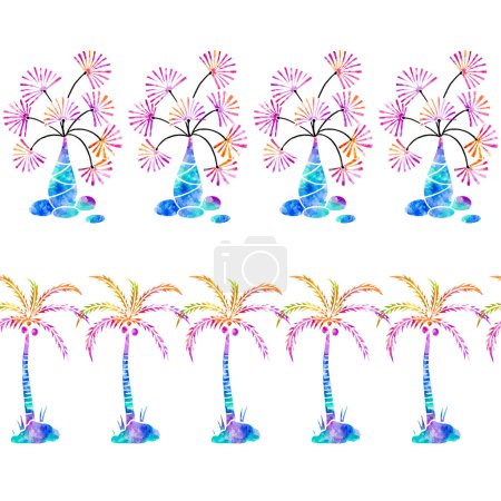Ilustración de Vivid Palm Tree y florero acuarela vector fronteras horizontales conjunto - Imagen libre de derechos