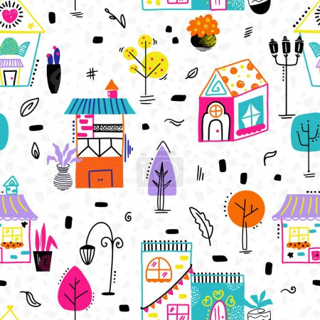 Fun Doodle Multicolor Maisons vectoriel sans couture modèle