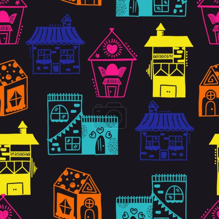 Hand Drawn Multicolor Fun Houses Vector Seamless Pattern