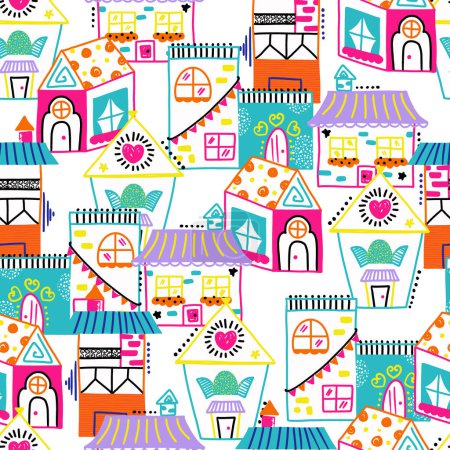 Illustration for Fun Doodle Housing Community Vector Seamless Pattern - Royalty Free Image