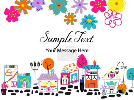 Illustration for Fun Doodle Houses in Multicolor with Retro Flowers Vector Card Background - Royalty Free Image