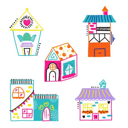 Ensemble d'éléments isolés vectoriels de maisons colorées amusantes de caniche