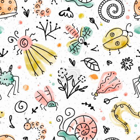 Watercolor Doodle Summer Bugs Vector Seamless Pattern