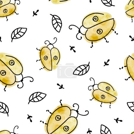 Téléchargez les illustrations : Aquarelle Golden Doodle Beetle vecteur modèle sans couture - en licence libre de droit