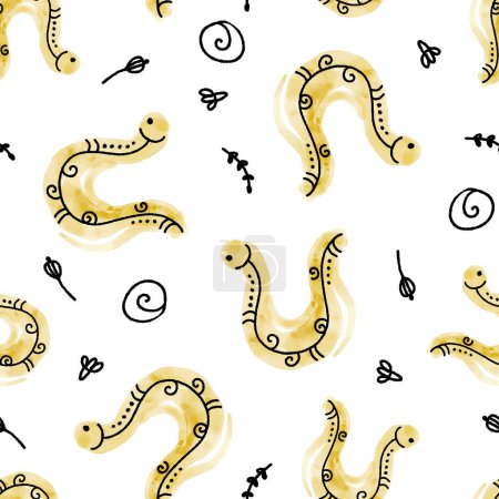 Cute Watercolor Doodle Worms Vector Seamless Pattern