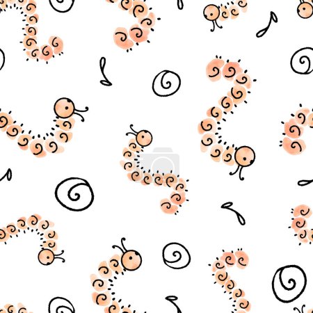 Cute Funny Watercolor Worms Vector Seamless Pattern