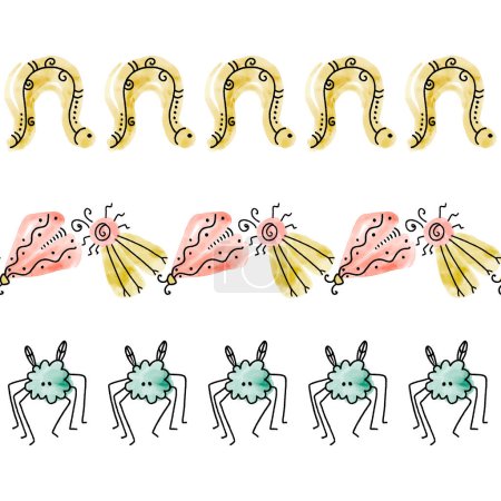 Téléchargez les illustrations : Ensemble de bordures horizontales sans couture vectorielles d'insectes mignons aquarelle - en licence libre de droit