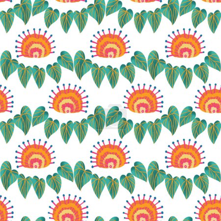 Flowers and Leaves Garland Vector Seamless Pattern