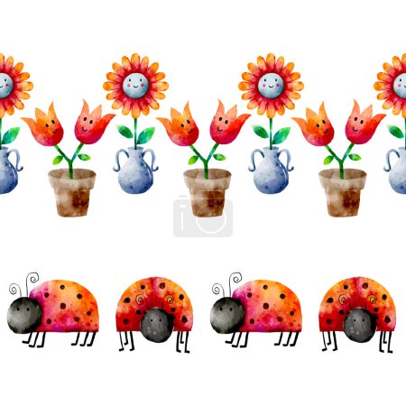 Cute Ladybirds and Happy Plants Watercolor Vector Seamless Horizontal Borders Set