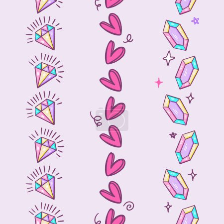 Holographic Crystals and Hearts Vector Seamless Vertical Borders Set