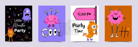Illustration for Cute Funny Monsters Vector Card Set - Royalty Free Image