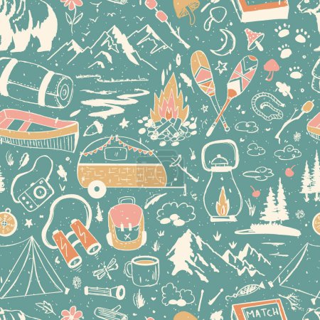 Illustration for Camping Life Adventure Sketched Vector Seamless Pattern - Royalty Free Image