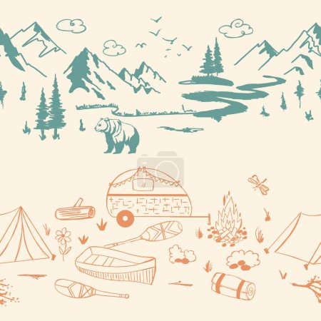 Mountain Camping Landscape Vector Seamless Horizontal Borders Set