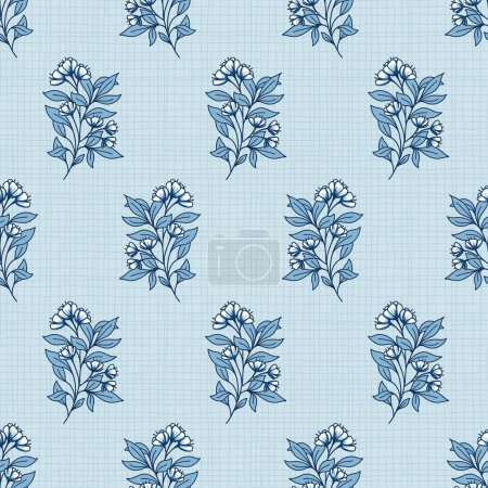 étnico floral azul monocromo racimo vector patrón sin costura