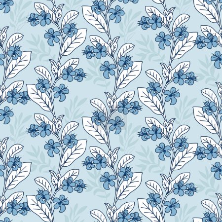 Blue Monochrome Floral Branch Stripes Vector Seamless Pattern