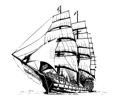 Ship old sailboat hand drawn side view.Vector illustration.