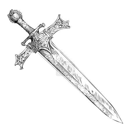 Téléchargez les illustrations : Esquisse d'épée vintage dessinée à la main Illustration vectorielle. - en licence libre de droit