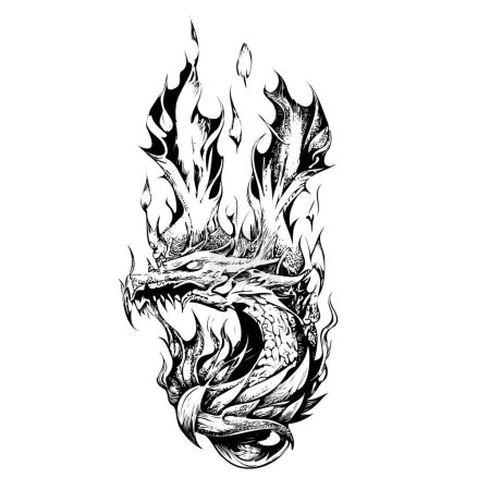Illustration for Dragon on fire hand drawn sketch Vector illustration. - Royalty Free Image