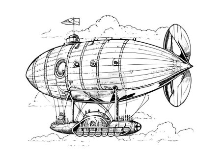 Airship retro flying in the clouds hand drawn sketch engraving style vector illustration.
