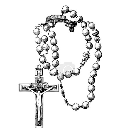 Rosary with cross religion hand drawn sketch Vector illustration.