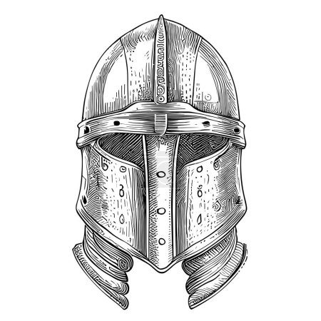 Ilustración de Caballero casco boceto dibujado a mano en estilo grabado Edad Media Vector ilustración. - Imagen libre de derechos