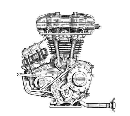 Szkic silnika motocykl ręcznie rysowane grawerowany styl Engineering Vector ilustracja.