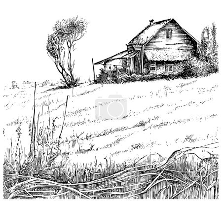 Téléchargez les illustrations : Paysage ferme ancienne maison sur prairie croquis dessiné à la main Illustration vectorielle. - en licence libre de droit