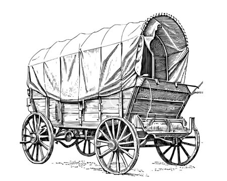 Téléchargez les illustrations : Chariot couvert rétro diligence croquis dessiné à la main Illustration vectorielle. - en licence libre de droit