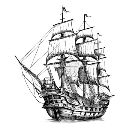 Pirate ship hand drawn sketch Vector illustration