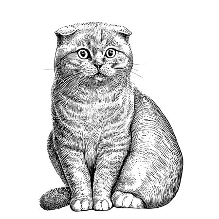 Lop-eared gato británico sentado boceto dibujado a mano Mascotas Vector ilustración