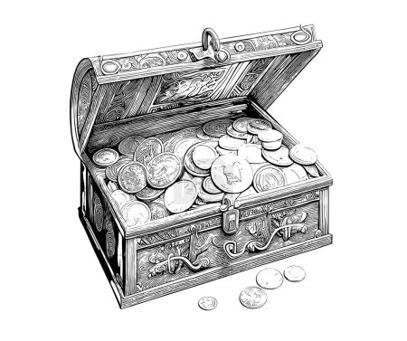 Illustration for Old retro chest with coins money sketch hand drawn sketch, engraving style vector illustration - Royalty Free Image