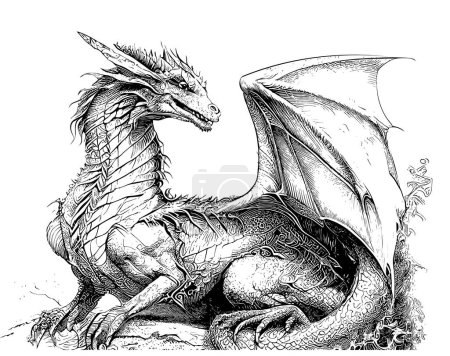 Illustration for Dragon with wings sketch hand drawn sketch, engraving style vector illustration. - Royalty Free Image