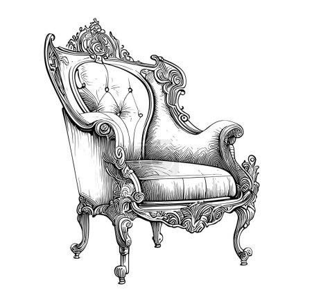 Téléchargez les illustrations : Fauteuil vintage meubles croquis dessiné à la main style gravé Illustration vectorielle - en licence libre de droit