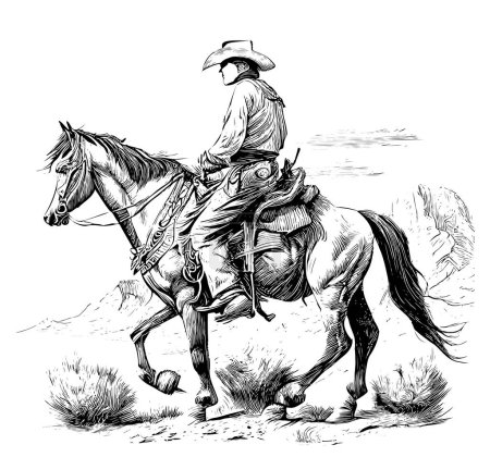 Cowboy sur un cheval rétro gravé à la main croquis illustration vectorielle