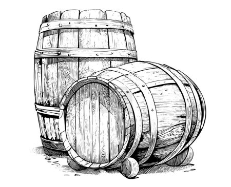 Ilustración de Barriles de madera de vino esbozo vintage dibujado a mano estilo grabado Vector ilustración - Imagen libre de derechos