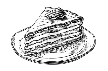 Piece of cake on a plate sketch hand drawn engraved style sketch Vector illustration