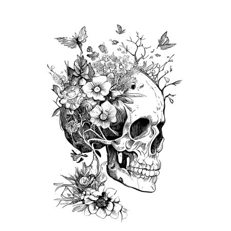 Human skull in flowers sketch hand drawn engraved style Vector illustration.