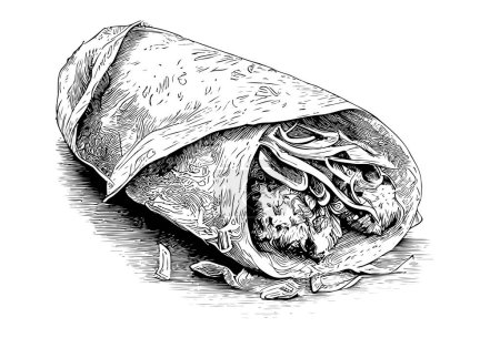 Ilustración de Burrito deliciosa comida latinoamericana dibujado a mano grabado boceto Restaurante concepto de negocio Vector ilustración - Imagen libre de derechos