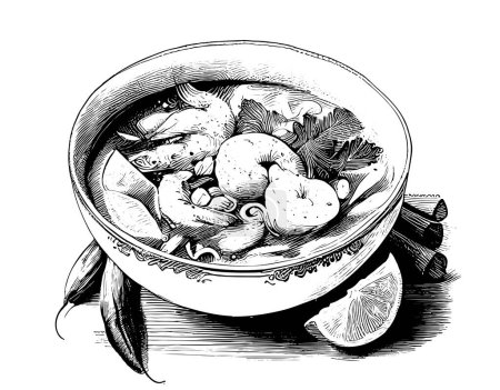 Ilustración de Tom yum sopa dibujado a mano grabado boceto Restaurante concepto de negocio Vector ilustración. - Imagen libre de derechos