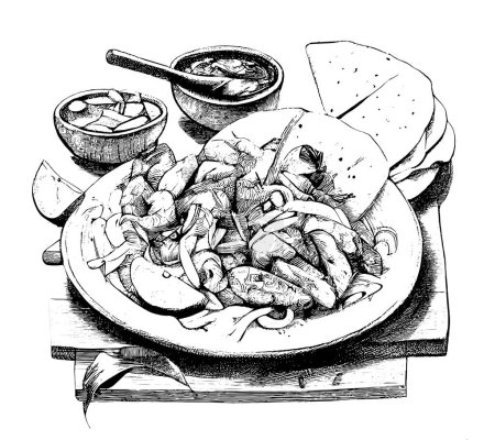 Illustration for Fajitas mexican hand drawn engraving sketch Restaurant business concept Vector illustration - Royalty Free Image