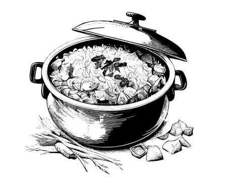 Ilustración de Pilaf comida asiática dibujado a mano grabado boceto Restaurante concepto de negocio Vector ilustración - Imagen libre de derechos