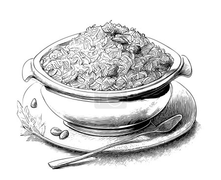 Illustration pour Riz avec viande dessin à la main esquisse de gravure Restaurant concept d'entreprise Illustration vectorielle - image libre de droit